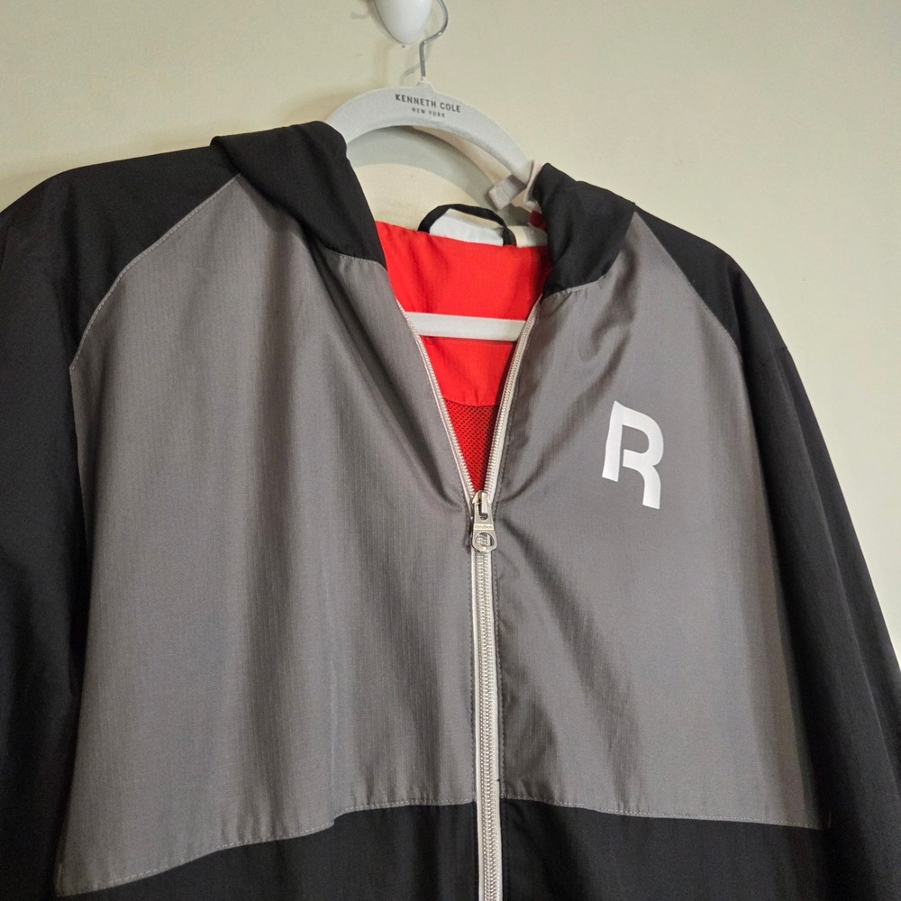 Reebok Mens Medium Windbreaker Jacket Full Zip Hooded‎ Colorblock Grey Black Red
